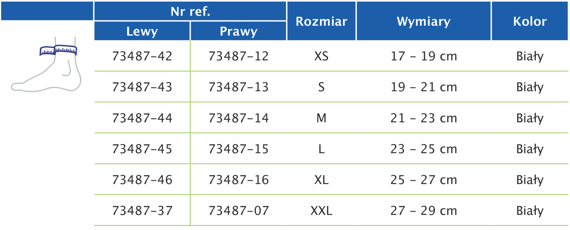 Tabela rozmiarów przedstawiająca wymiary stabilizatora stawu skokowego Actimove Professional Line TaloMotion Tabela rozmiarów przedstawiająca wymiary stabilizatora stawu skokowego Actimove Professional Line TaloMotion